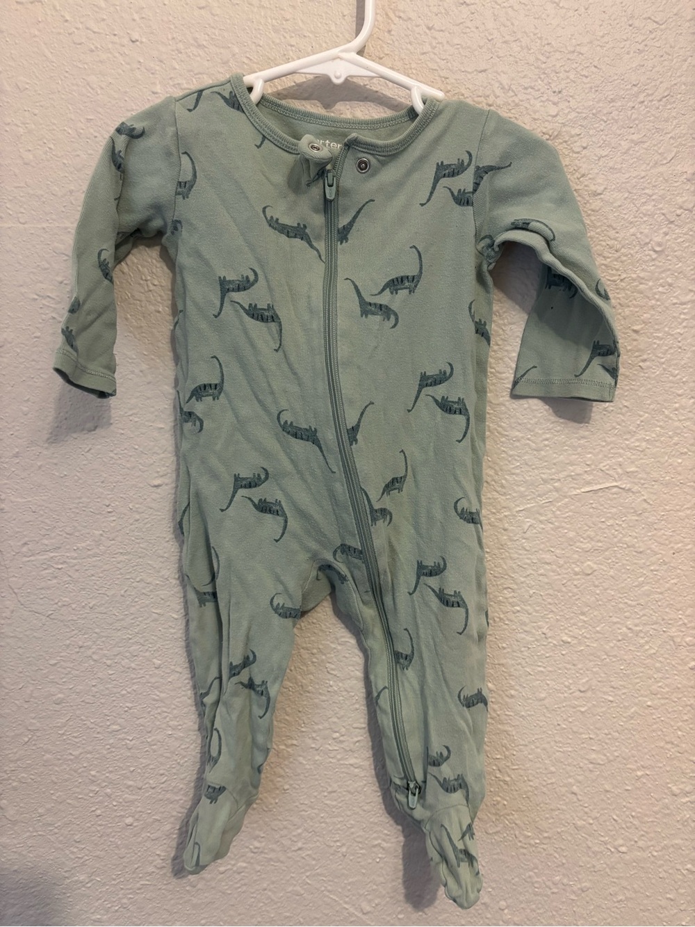 Carter's Sage Green Zip Footed One-Piece with Dino Print